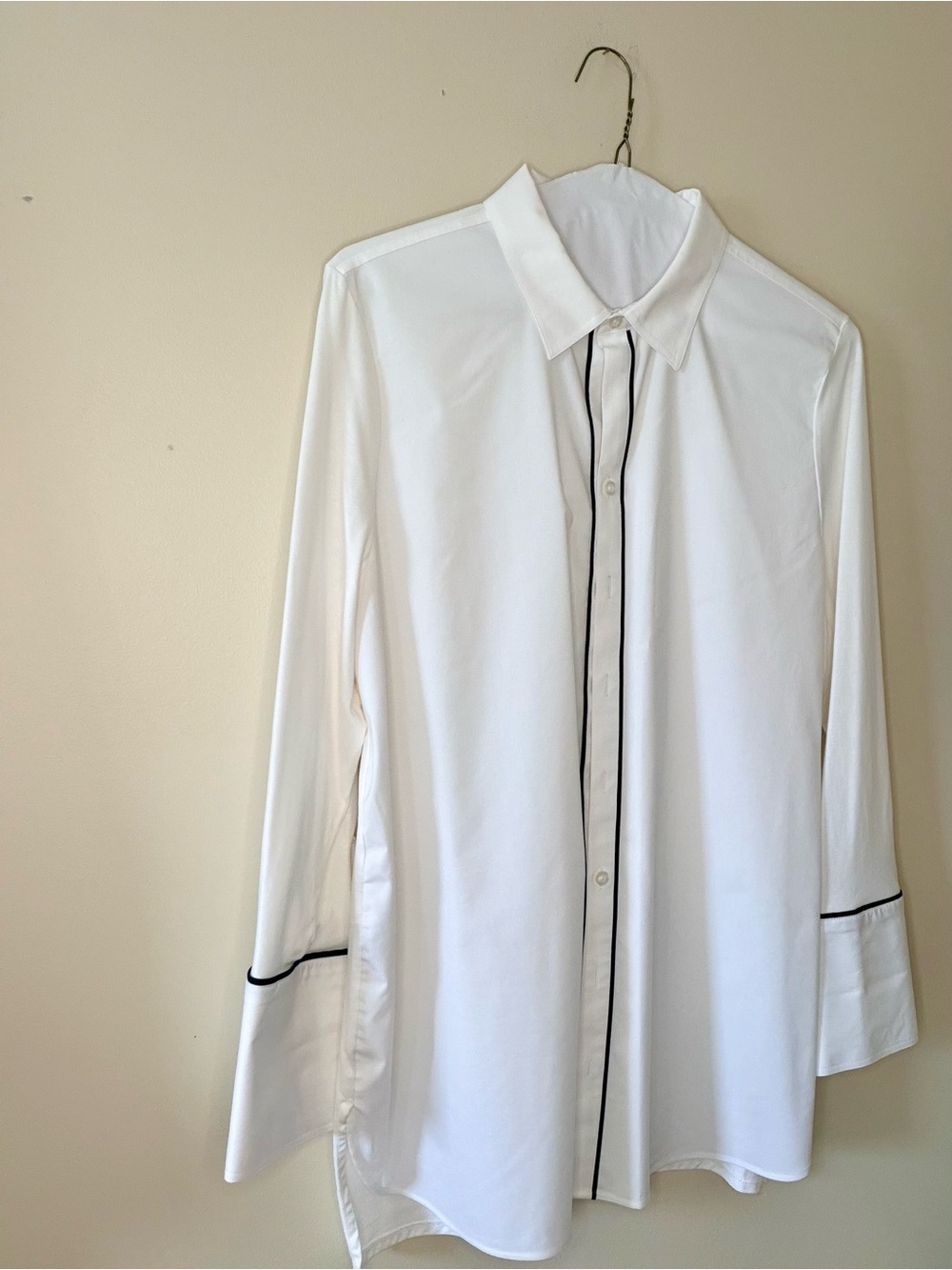 Chico's White Button-Down Shirt with Black Piping- no iron